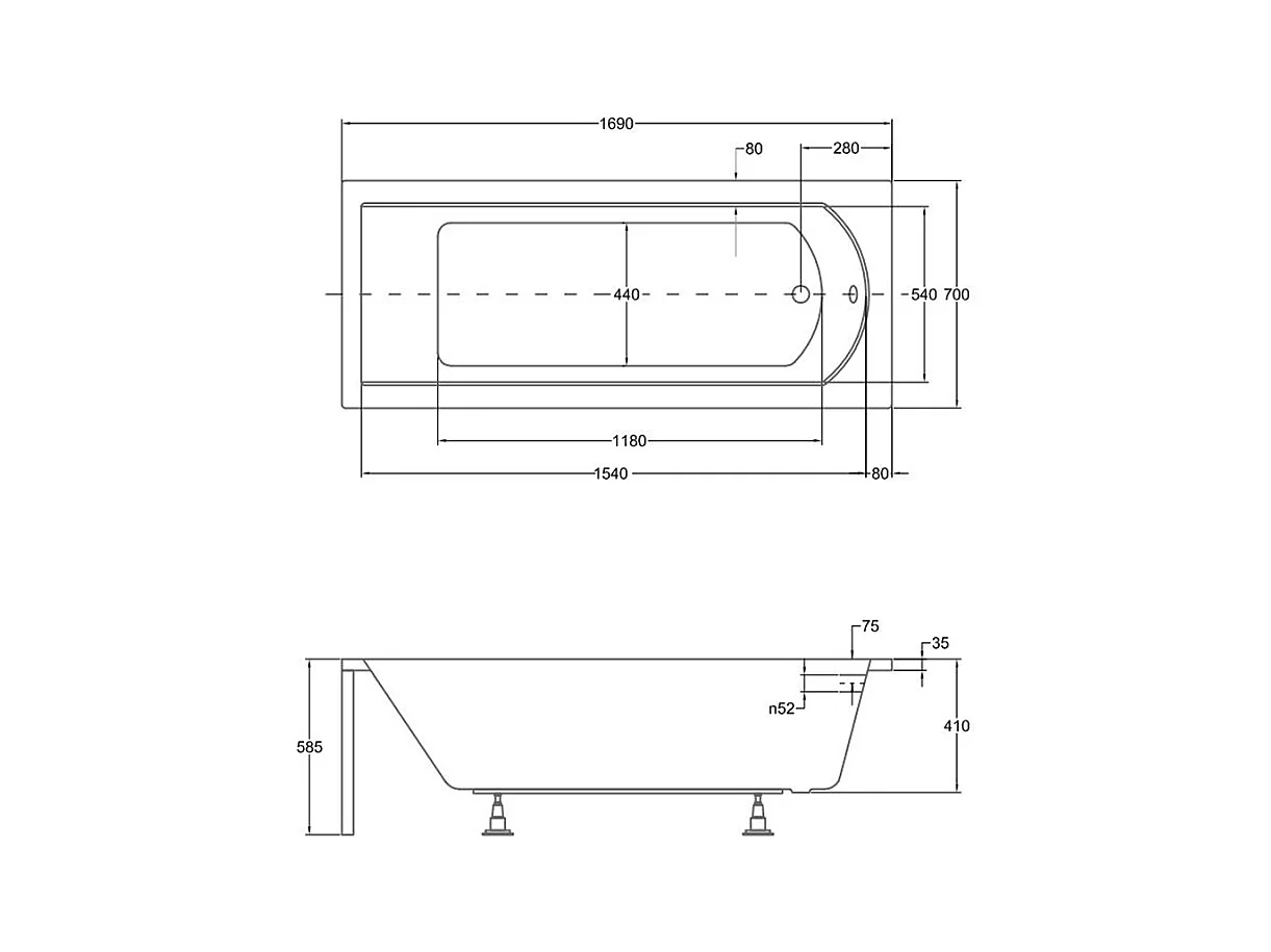 Rechthoekige badkuip SHEA 170x70 | Afvoer &amp; poten GRATIS met hoofdsteun + bamboe badkuiprek