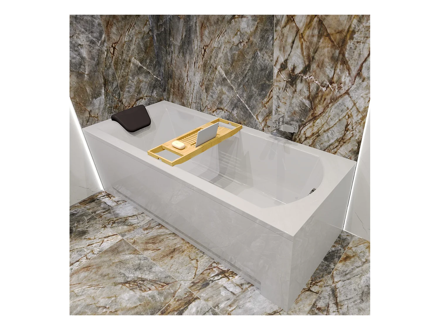 Baignoire rectangulaire 170x70 SHEA acrylique blanc, sans Habillage + Repose Tête + Étagère bambou + Pieds + Vidage à chromé