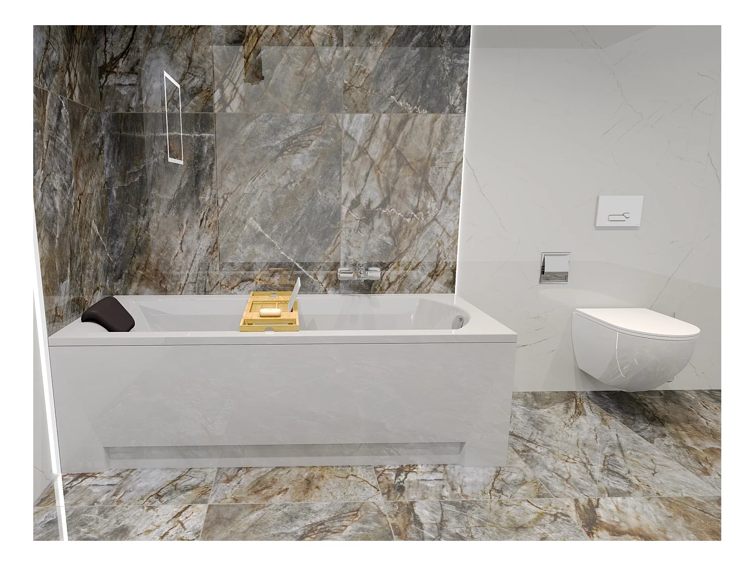 Baignoire rectangulaire 170x70 SHEA acrylique blanc, sans Habillage + Repose Tête + Étagère bambou + Pieds + Vidage à chromé