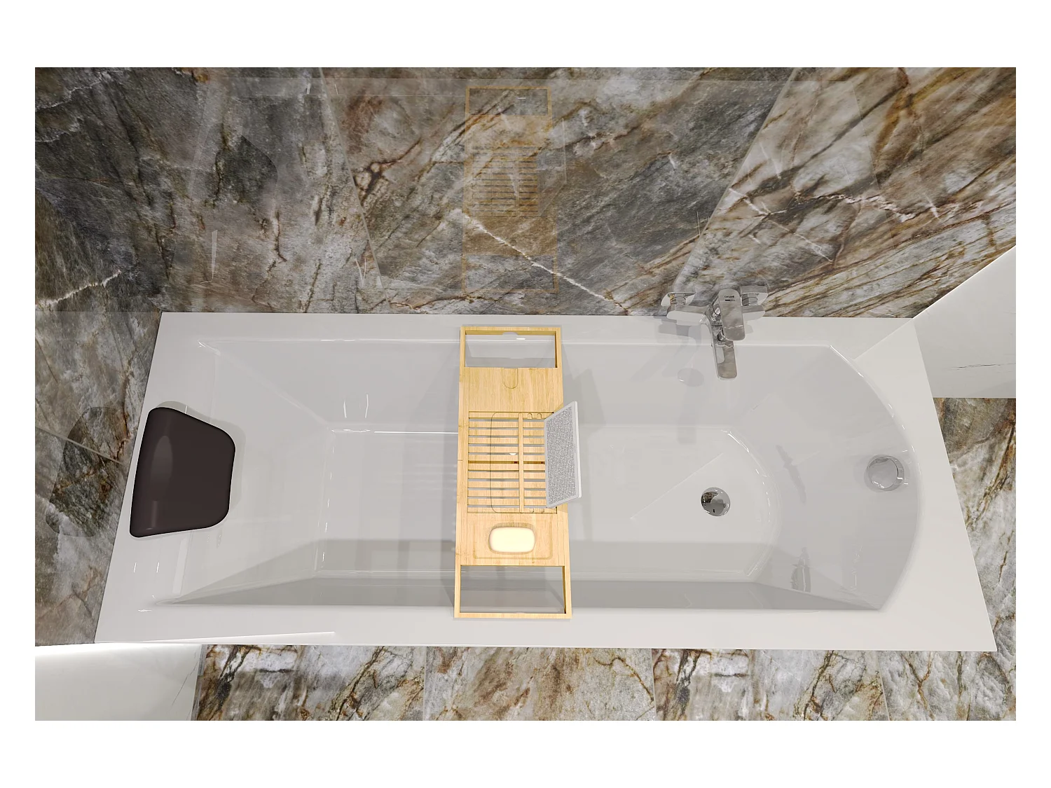 Baignoire rectangulaire 170x70 SHEA acrylique blanc, sans Habillage + Repose Tête + Étagère bambou + Pieds + Vidage à chromé