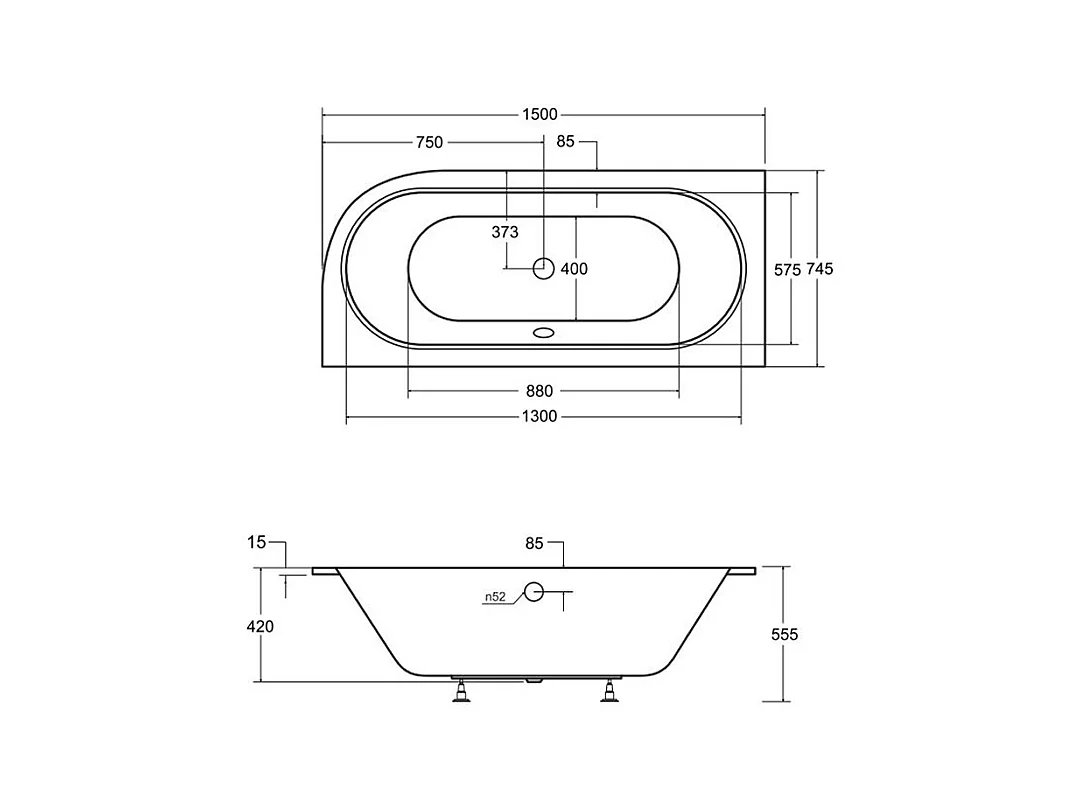 Baignoire asymétrique 150x75 Gauche AVITA SLIM acrylique blanc, sans Habillage + Pieds + Vidage à chromé