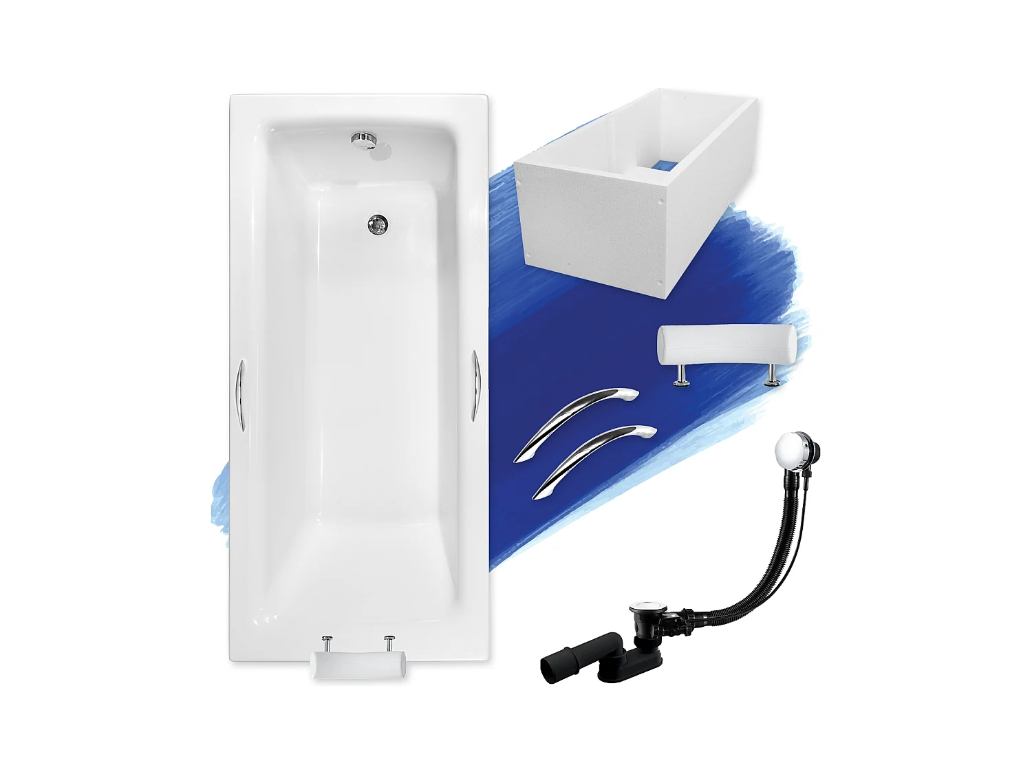 Baignoire rectangulaire 160x75 TALIA PREMIUM acrylique blanc + Support stabilisateur en polystyrène + Poignées + Repose Tête + Pieds + Vidage à chromé