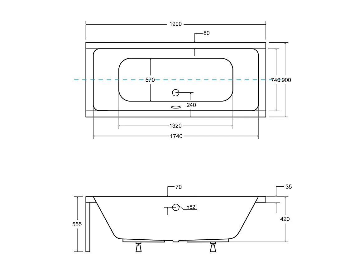 Badewanne Rechteck QUADRO 190x90 + Bambus Badewannenablage + Kopfstütze KODI | Ablauf & Füße GRATIS !