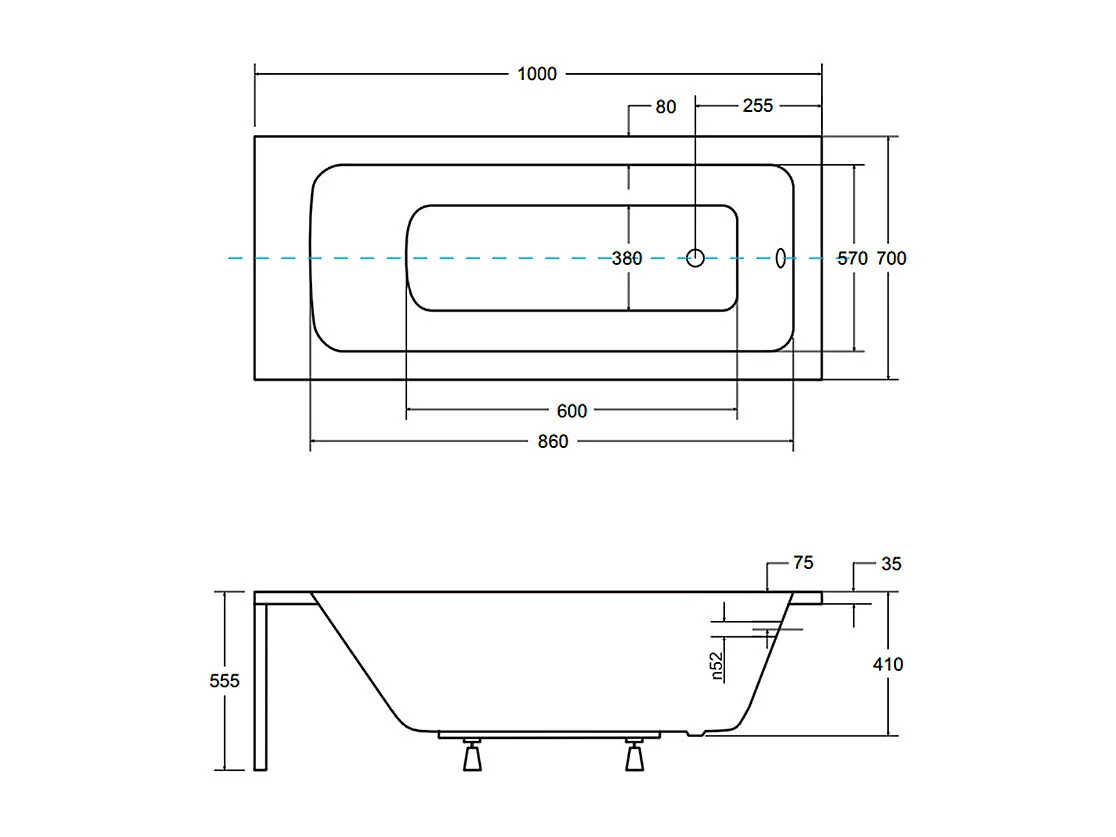 Baignoire rectangulaire 100x70 TALIA acrylique blanc, sans Habillage + Pieds + Vidage à chromé