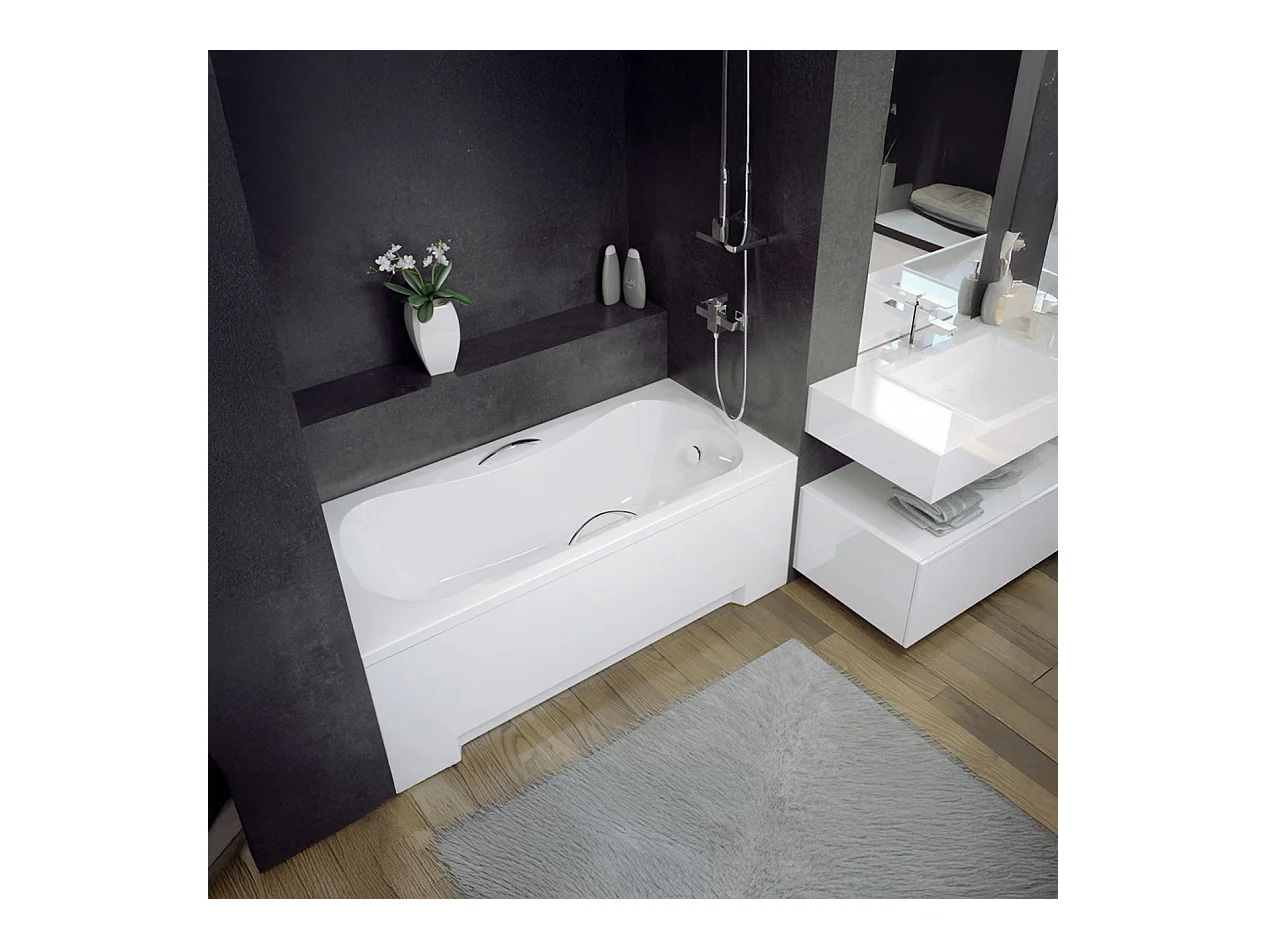 Baignoire rectangulaire 130x70 ARIA PLUS acrylique blanc + Support stabilisateur en polystyrène + Poignées + Pieds + Vidage à chromé