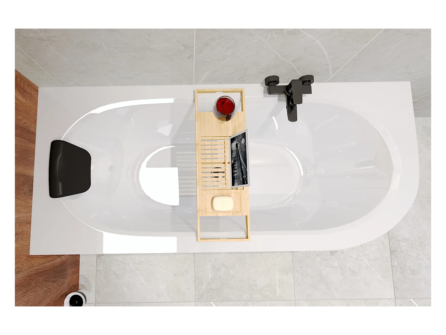 Baignoire asymétrique 180x80 Gauche AVITA acrylique blanc, sans Habillage + Repose Tête + Étagère bambou + Pieds + Vidage à chromé