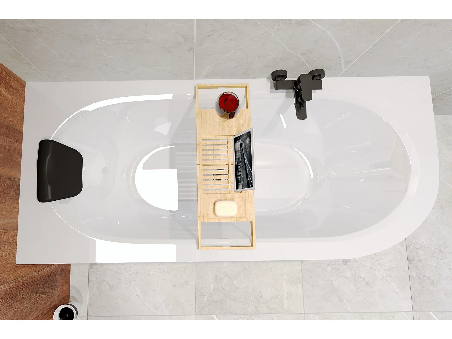 Baignoire asymétrique 180x80 Gauche AVITA acrylique blanc, sans Habillage + Repose Tête + Étagère bambou + Pieds + Vidage à chromé