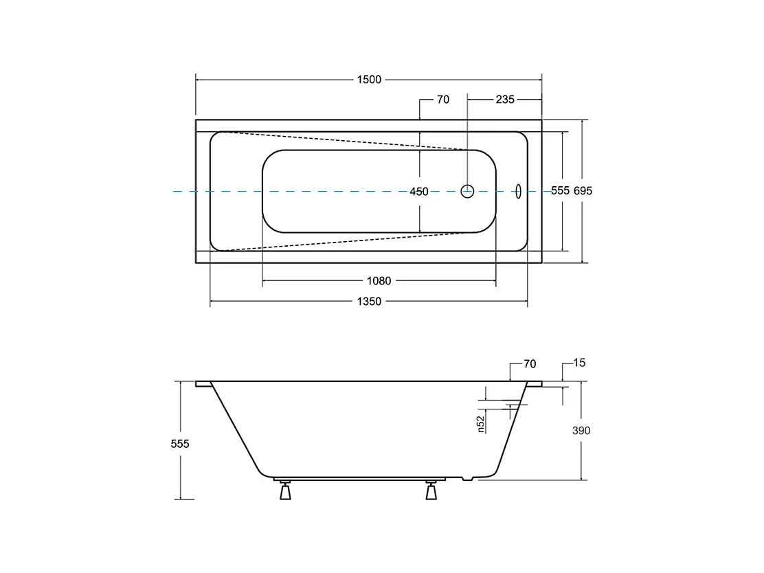 Baignoire rectangulaire 150x70 MODERN SLIM acrylique blanc + Support stabilisateur en polystyrène + Pieds + Vidage à chromé