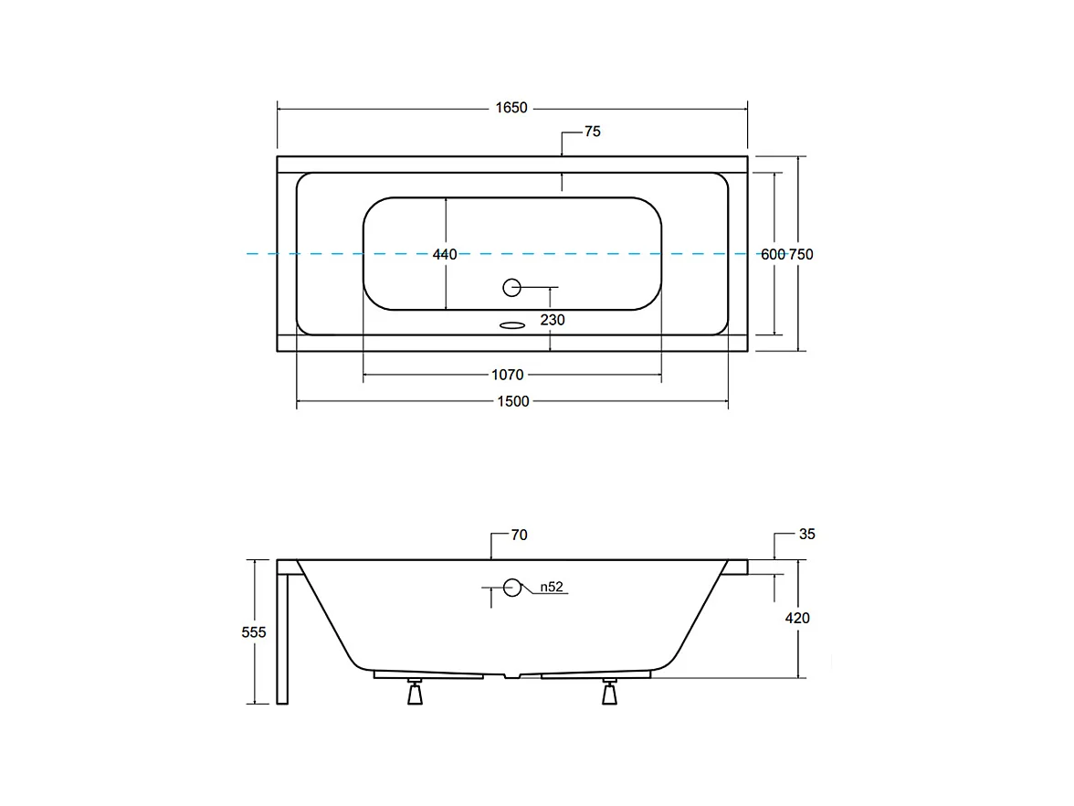 Baignoire rectangulaire 165x75 QUADRO acrylique blanc, sans Habillage + Repose Tête + Étagère bambou + Pieds + Vidage à chromé