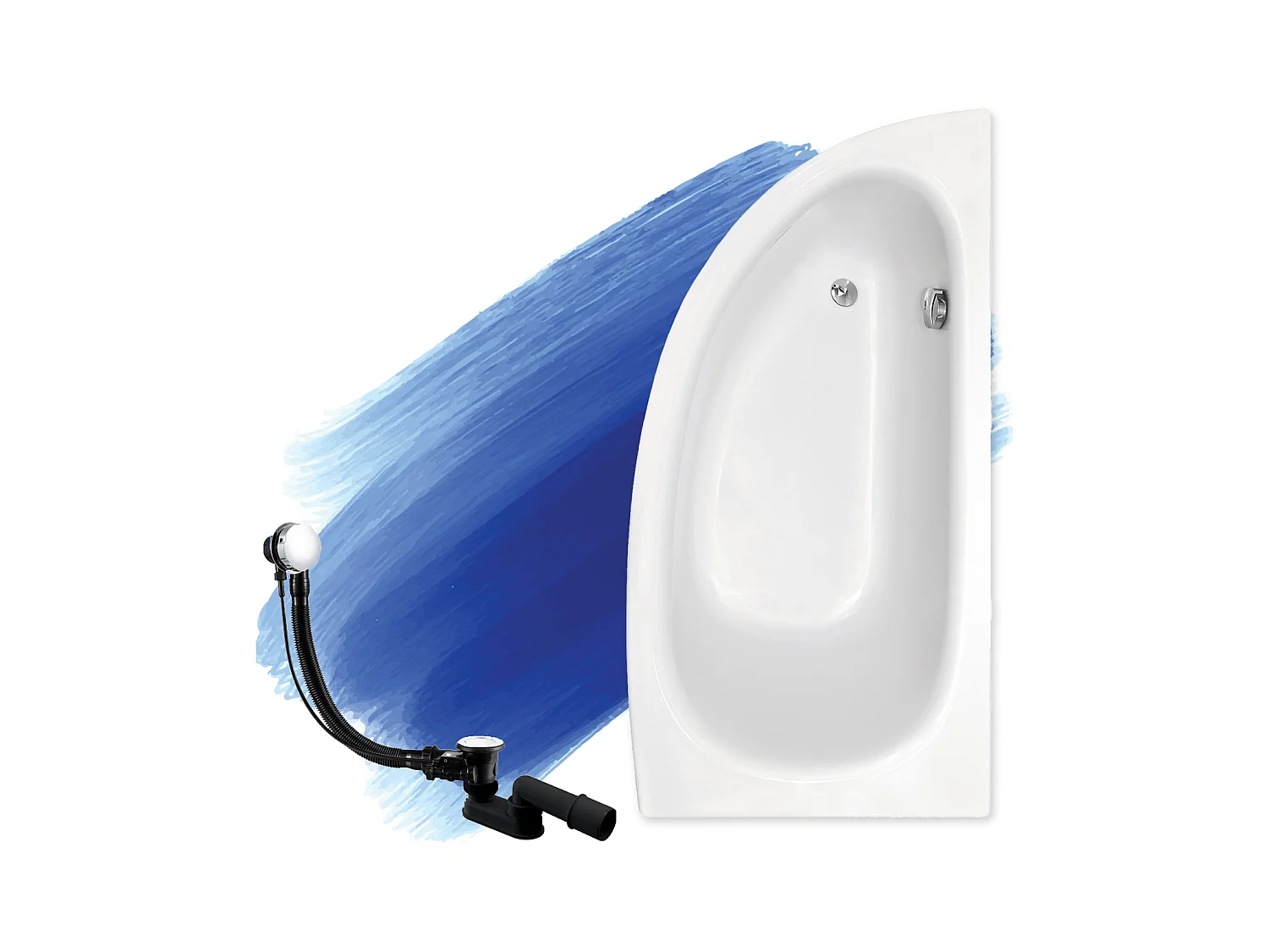 Baignoire asymétrique 150x70 Droite MILENA acrylique blanc, sans Habillage + Pieds + Vidage à chromé