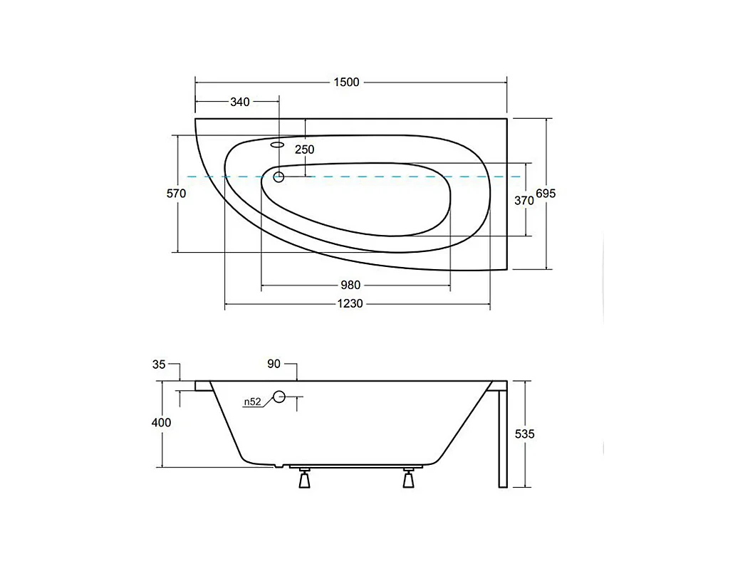 Baignoire asymétrique 150x70 Droite MILENA acrylique blanc, sans Habillage + Pieds + Vidage à chromé