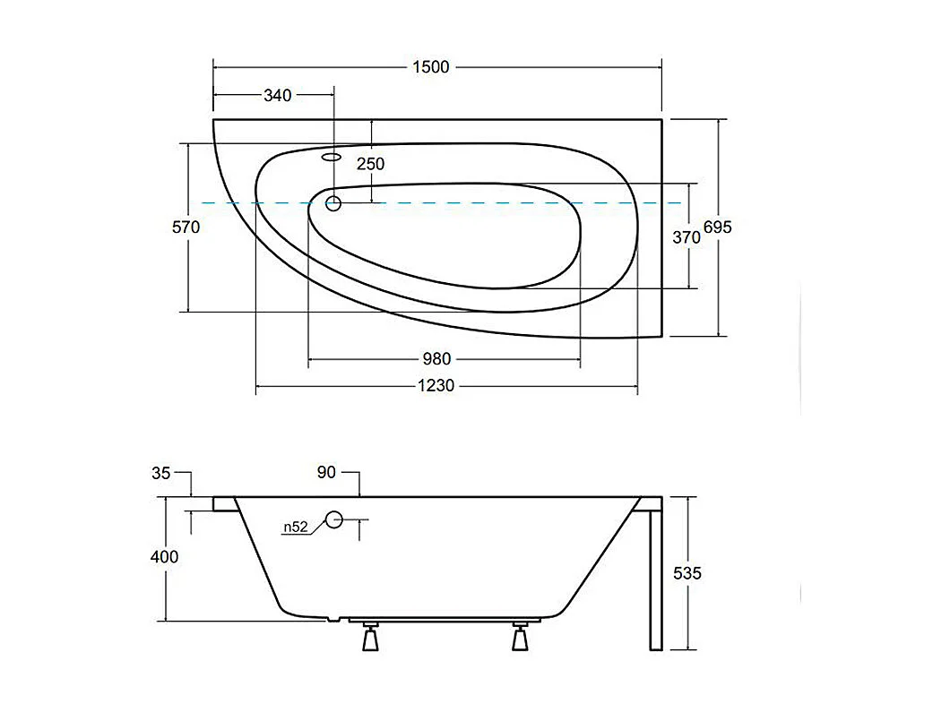 Badewanne Eckwanne MILENA 150x70 Rechts | Ablauf & Füße GRATIS !