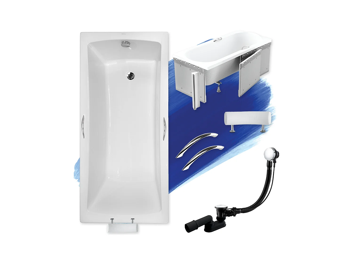 Baignoire rectangulaire 170x70 OPTIMA PREMIUM acrylique blanc + Habillage en polystyrène + Poignées + Repose Tête + Pieds + Vidage à chromé