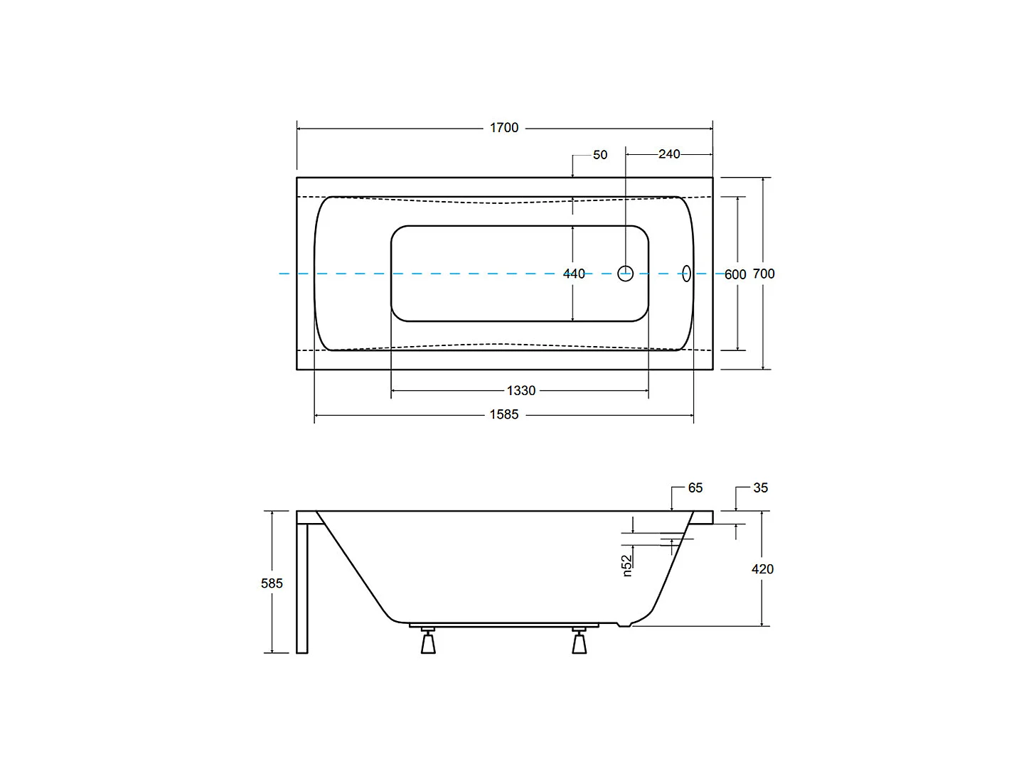 Baignoire rectangulaire 170x70 OPTIMA PREMIUM acrylique blanc + Habillage en polystyrène + Poignées + Repose Tête + Pieds + Vidage à chromé