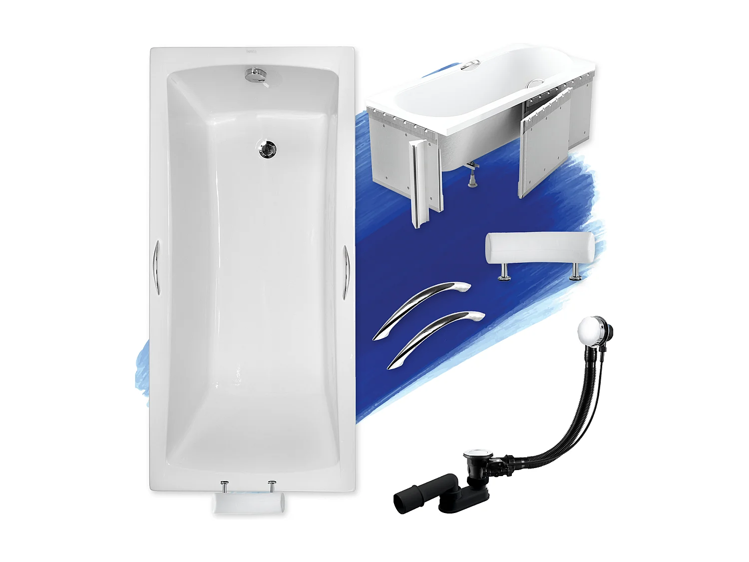 Baignoire rectangulaire 170x70 OPTIMA PREMIUM acrylique blanc + Habillage en polystyrène + Poignées + Repose Tête + Pieds + Vidage à chromé