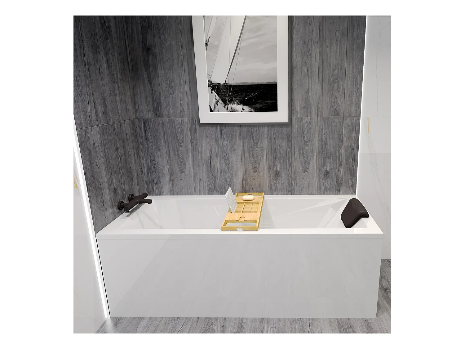 Baignoire rectangulaire 130x70 MODERN acrylique blanc, sans Habillage + Repose Tête + Étagère bambou + Pieds + Vidage à chromé