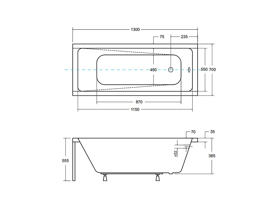 Badewanne Rechteck MODERN 130x70  + Kopfstütze KODI + Bambus Badewannenablage | Ablauf & Füße GRATIS !