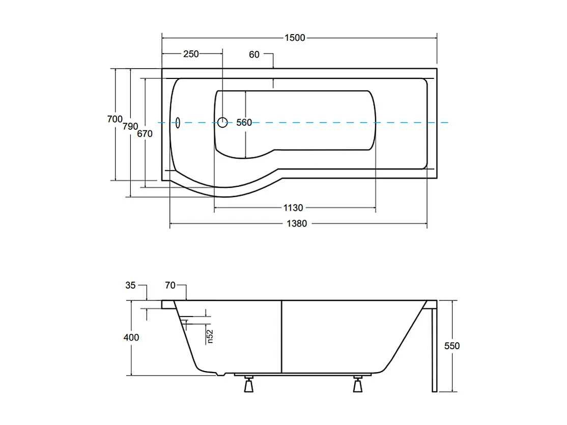 Rechthoekige badkuip INSPIRO 150x70 links met acrylrand | Afvoer &amp; voeten GRATIS!