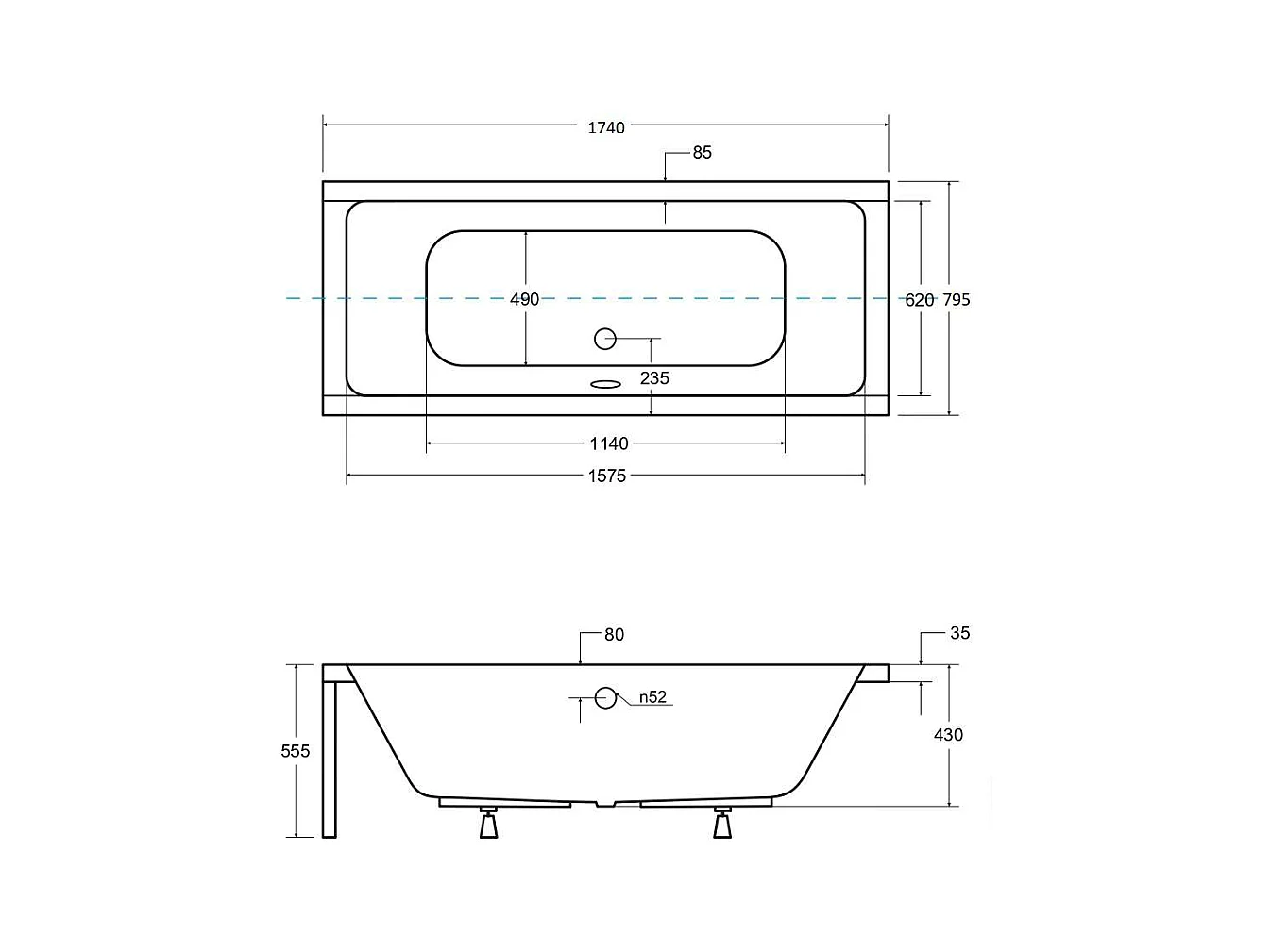 Baignoire rectangulaire 175x80 QUADRO acrylique blanc + avec Tablier + Pieds + Vidage à chromé