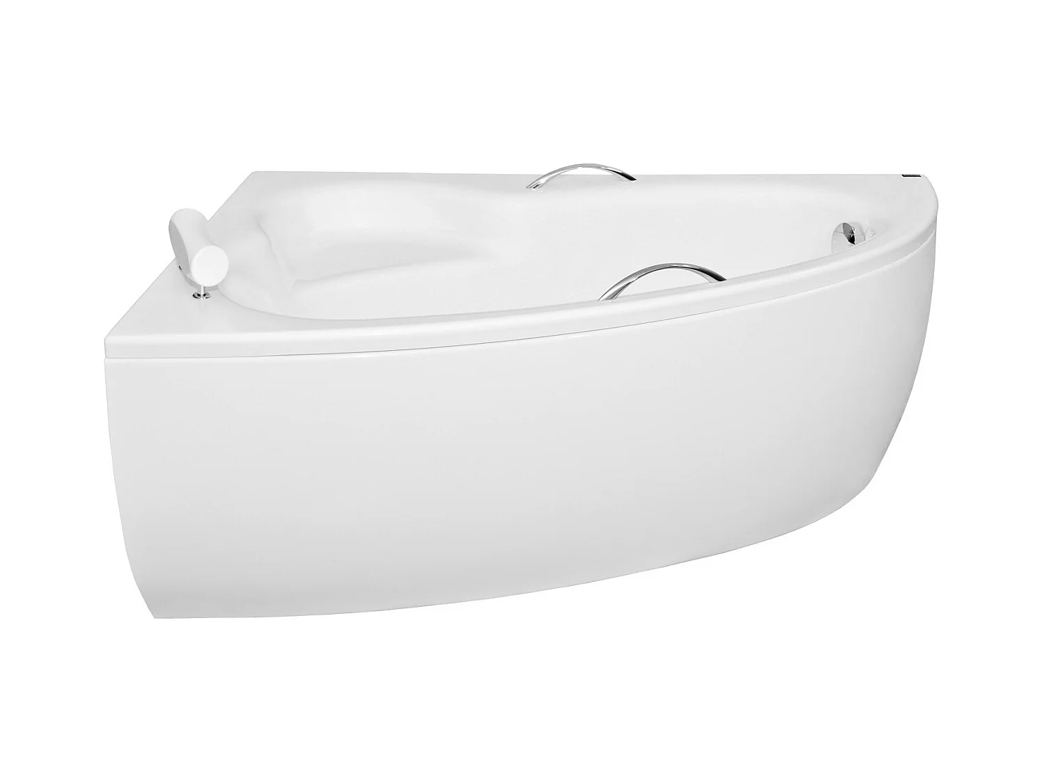 Baignoire asymétrique 150x100 Gauche NATALIA PREMIUM acrylique blanc + avec Tablier + Poignées + Repose Tête + Pieds + Vidage à chromé