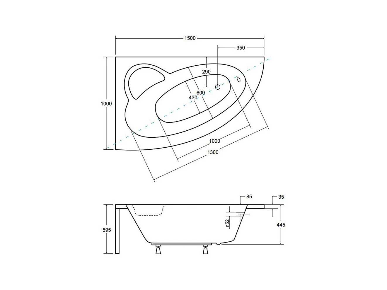 Baignoire asymétrique 150x100 Gauche NATALIA PREMIUM acrylique blanc + avec Tablier + Poignées + Repose Tête + Pieds + Vidage à chromé