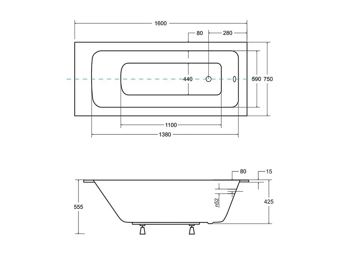 Baignoire rectangulaire 160x75 TALIA PREMIUM acrylique blanc, sans Habillage + Poignées + Repose Tête + Pieds + Vidage à chromé