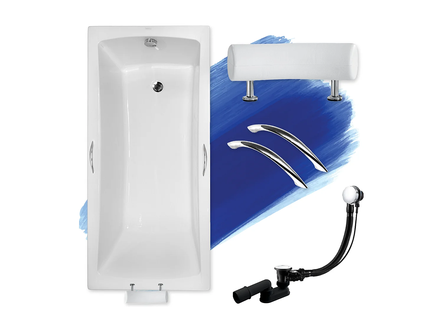 Baignoire rectangulaire 160x70 OPTIMA PREMIUM acrylique blanc, sans Habillage + Poignées + Repose Tête + Pieds + Vidage à chromé