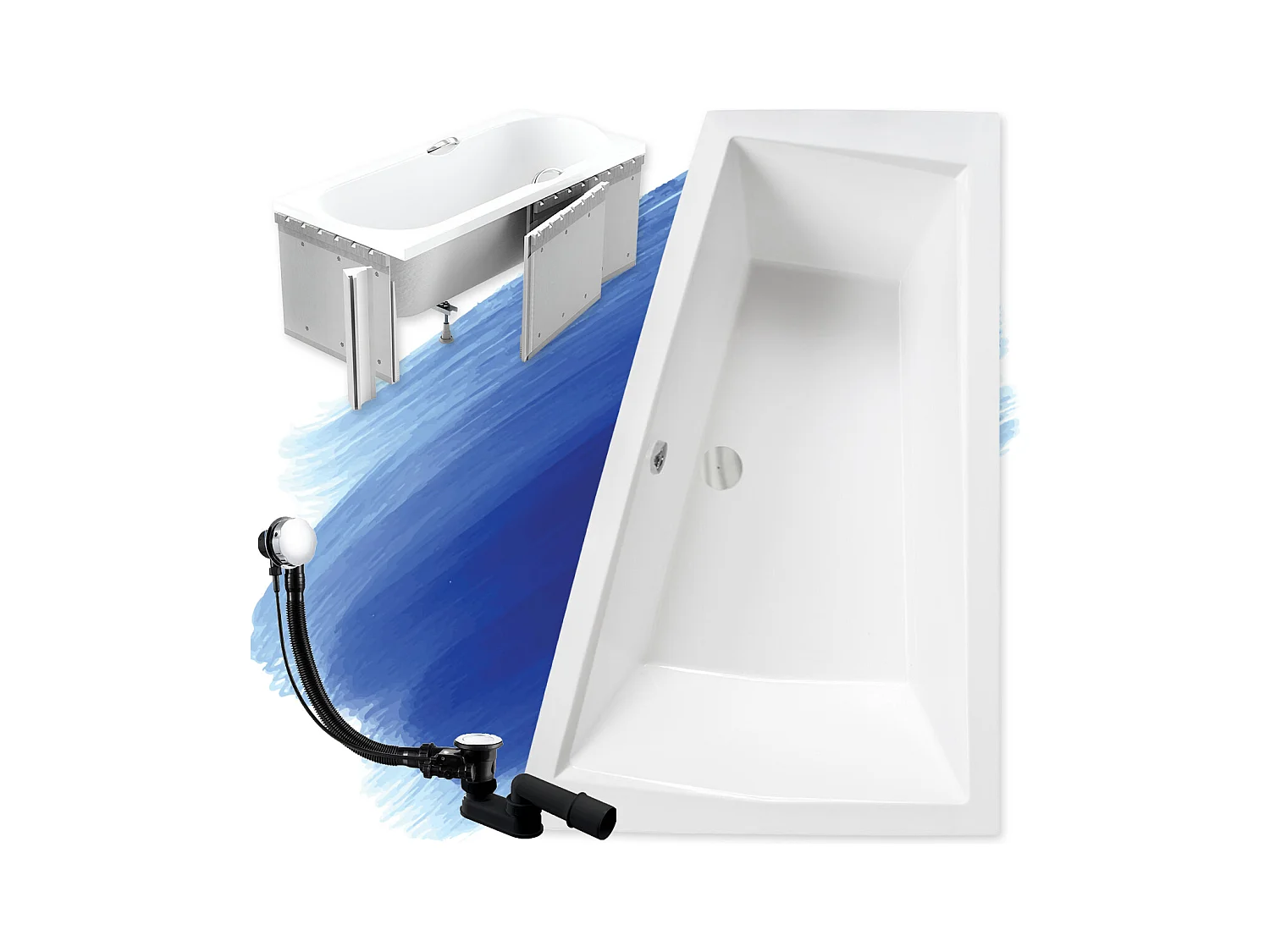 Baignoire asymétrique 180x125 Droite INTIMA acrylique blanc + Habillage en polystyrène + Pieds + Vidage à chromé