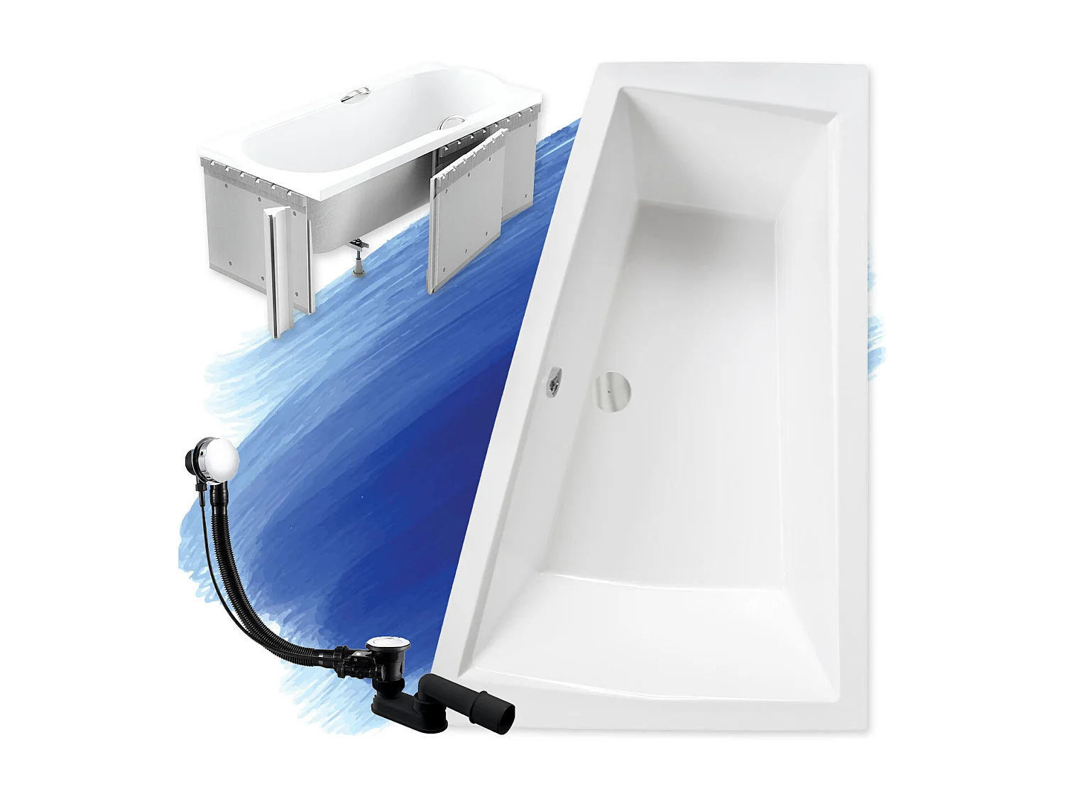 Baignoire asymétrique 180x125 Droite INTIMA acrylique blanc + Habillage en polystyrène + Pieds + Vidage à chromé