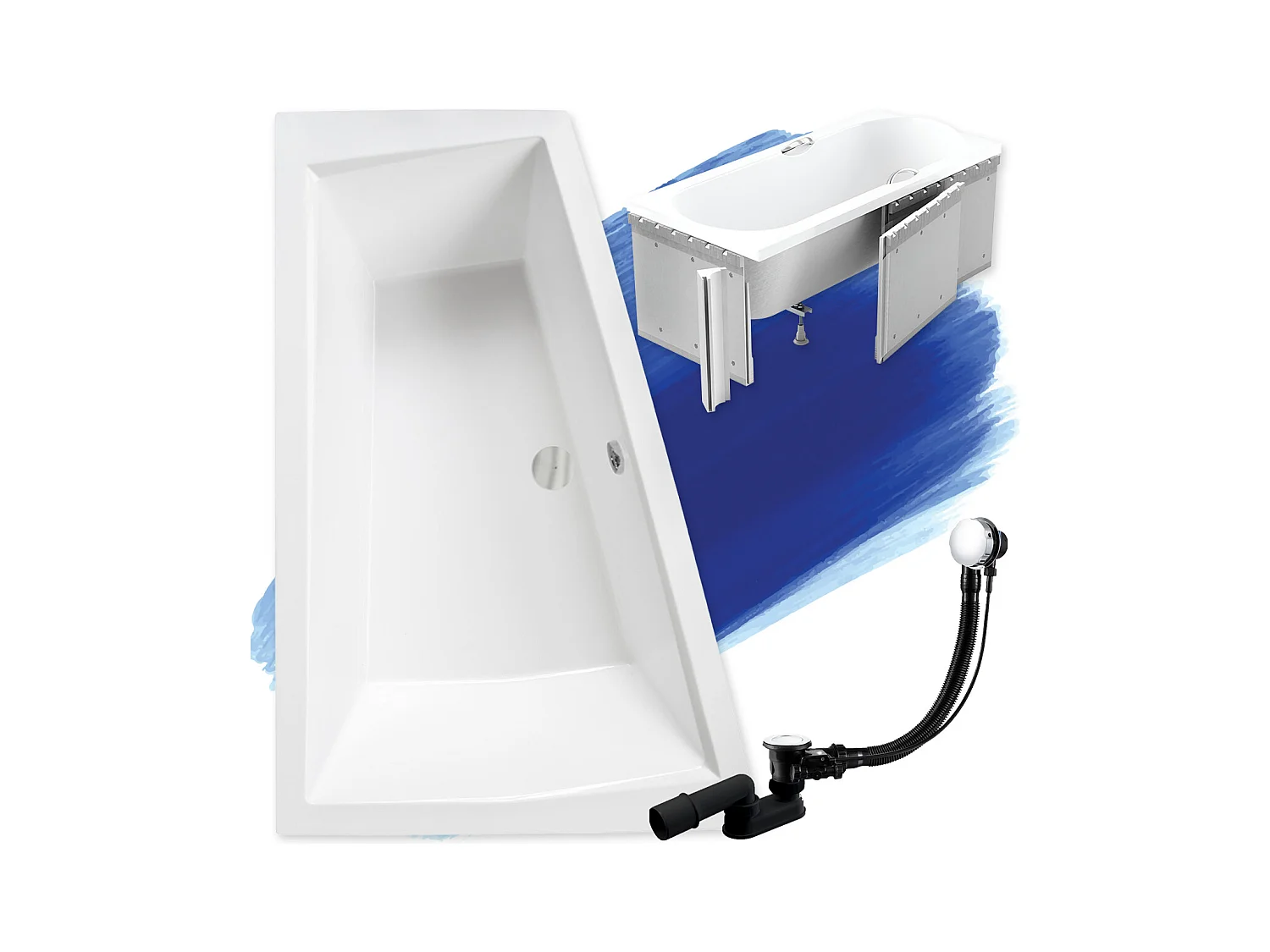 Baignoire asymétrique 170x125 Gauche INTIMA acrylique blanc + Habillage en polystyrène + Pieds + Vidage à chromé