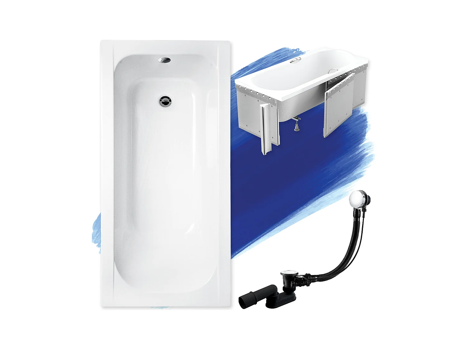 Baignoire rectangulaire 150x70 CONTINEA acrylique blanc + Habillage en polystyrène + Pieds + Vidage à chromé