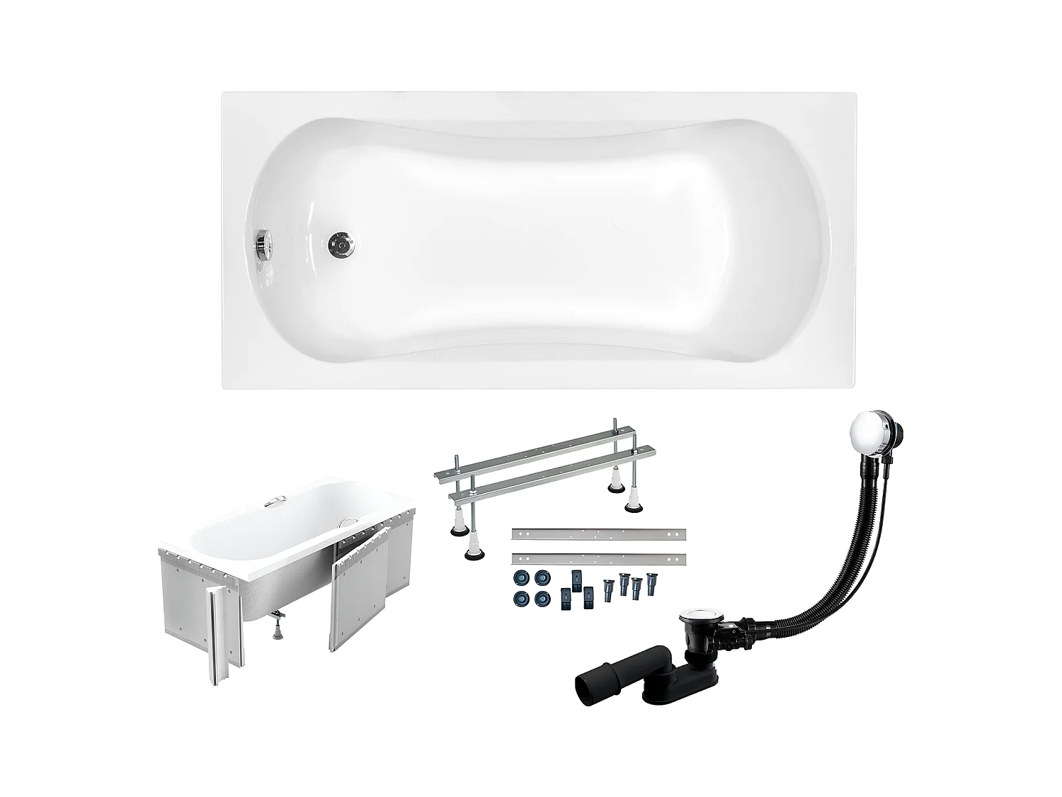 Baignoire rectangulaire 170x70 ARIA acrylique blanc + Habillage en polystyrène + Pieds + Vidage à chromé