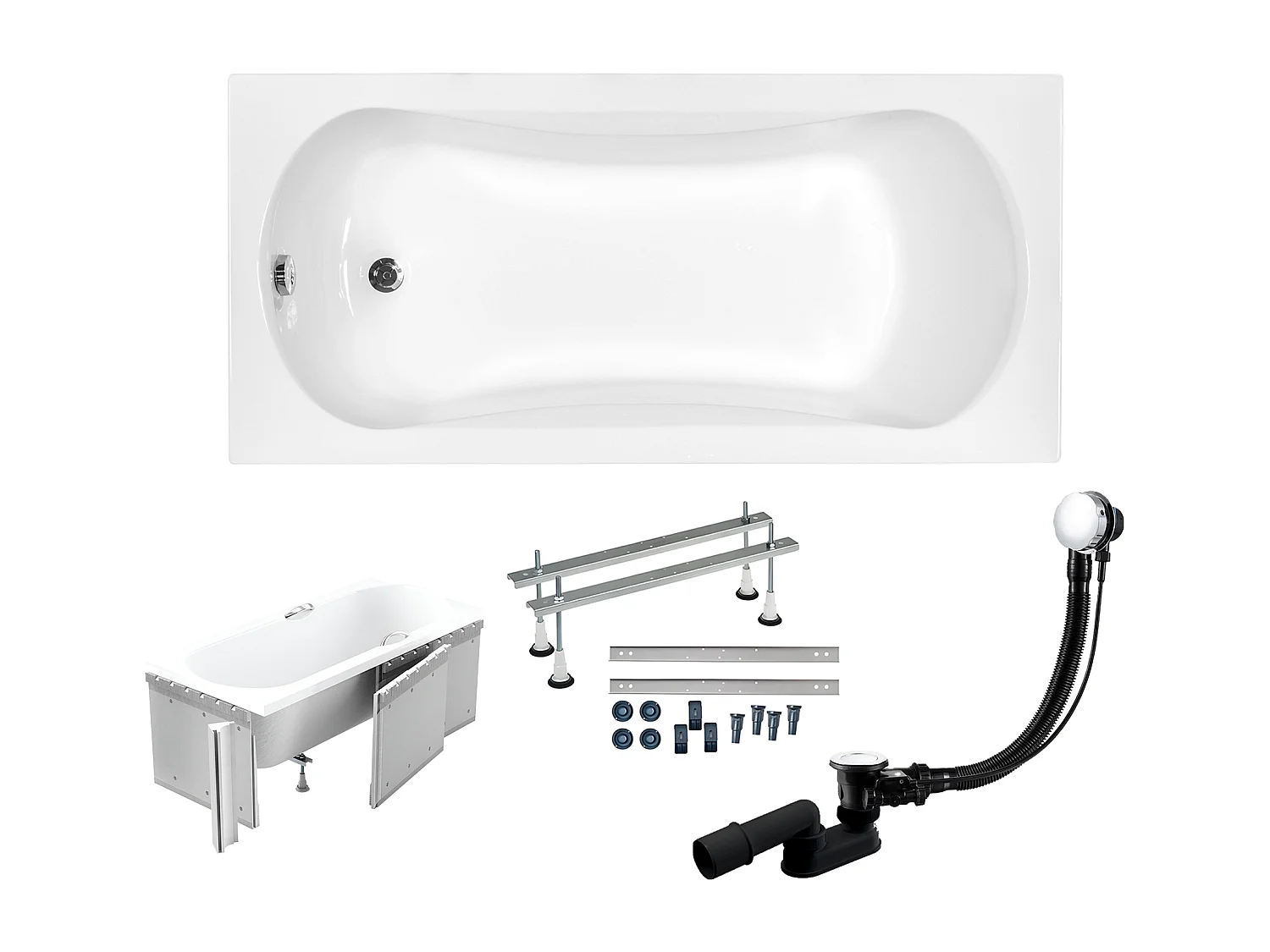 Baignoire rectangulaire 170x70 ARIA acrylique blanc + Habillage en polystyrène + Pieds + Vidage à chromé