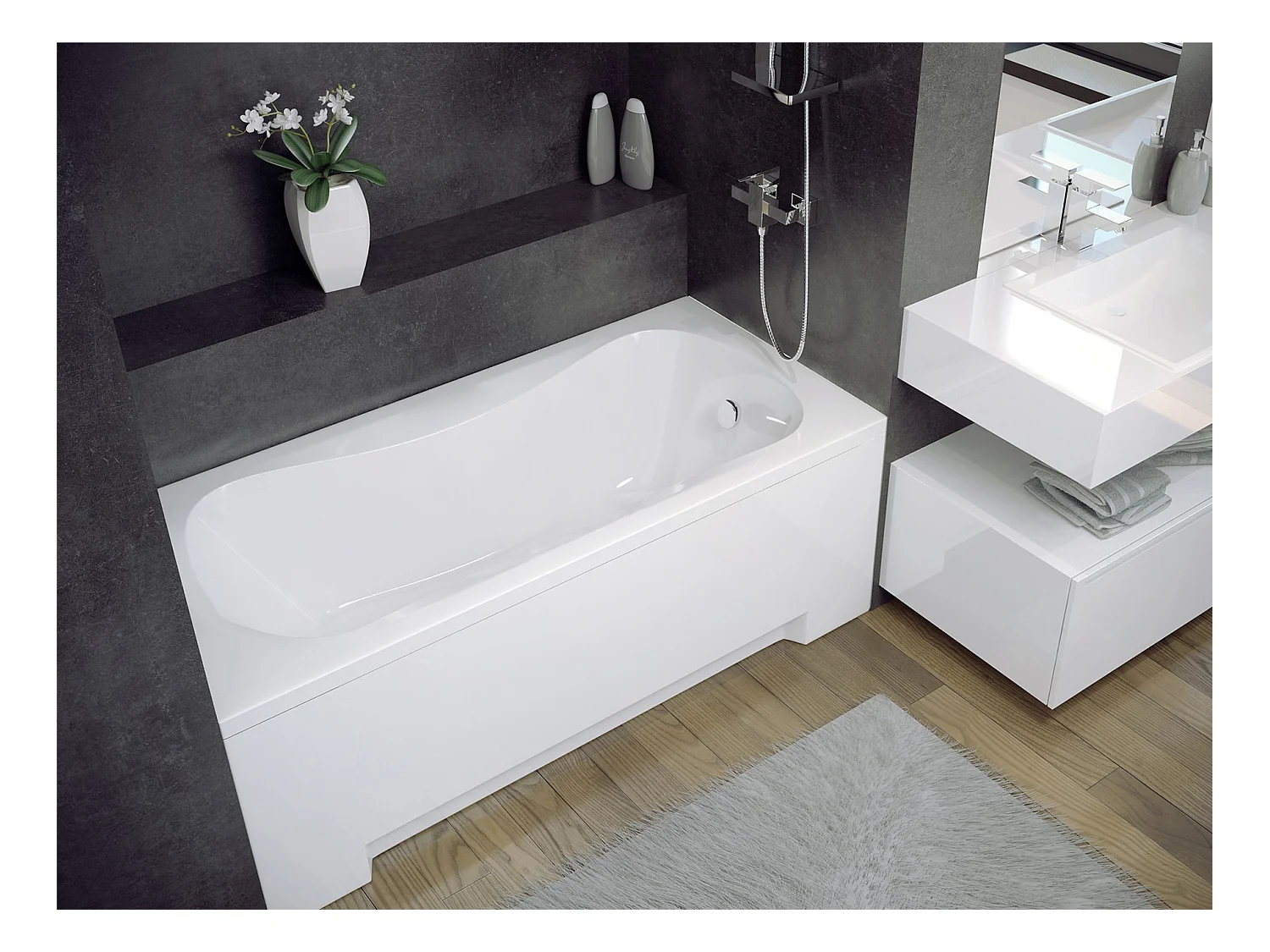 Baignoire rectangulaire 130x70 ARIA acrylique blanc + avec Tablier + Pieds + Vidage à chromé