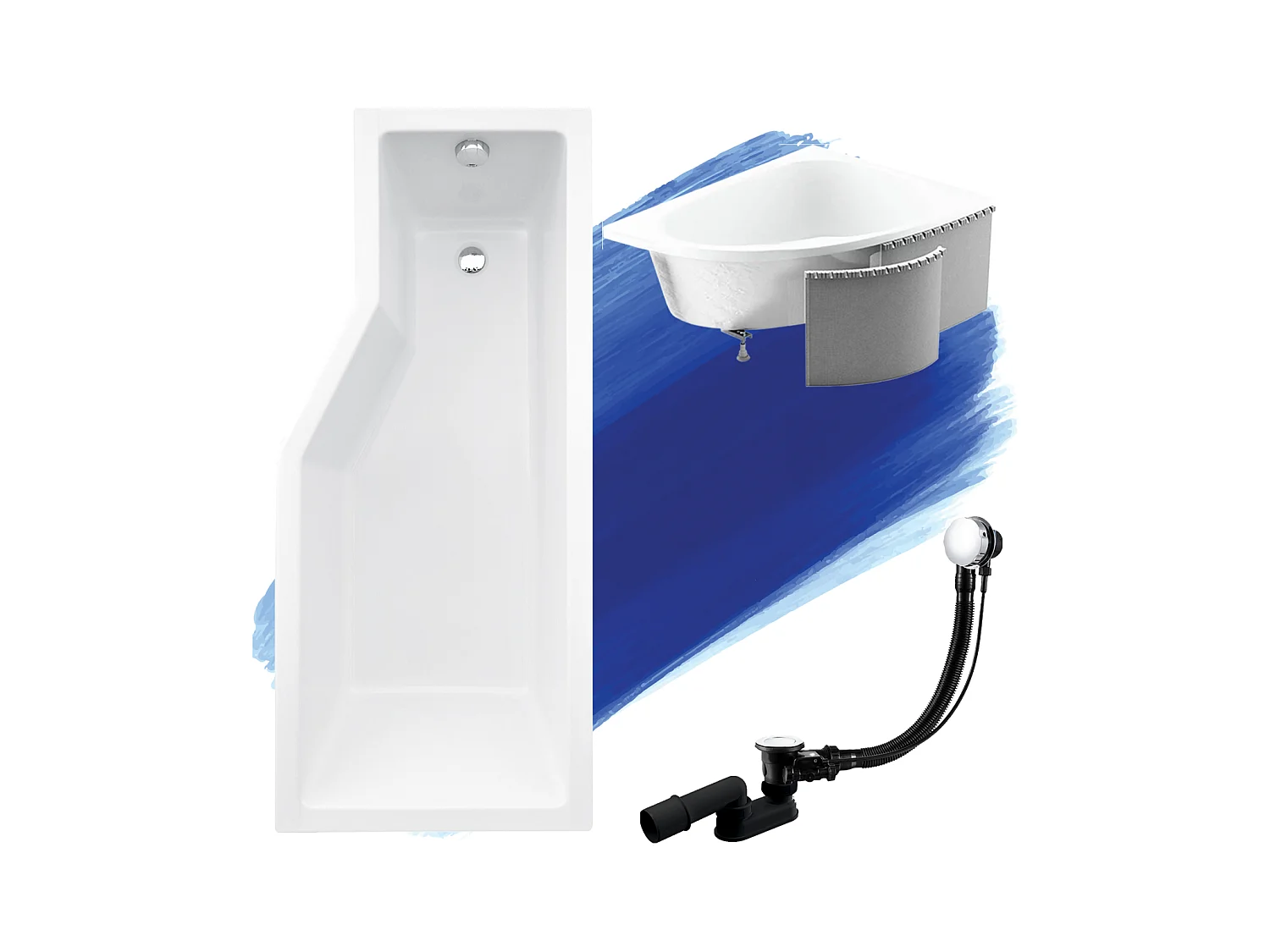 Baignoire asymétrique 170x75 Droite INTEGRA acrylique blanc + Habillage en polystyrène + Pieds + Vidage à chromé