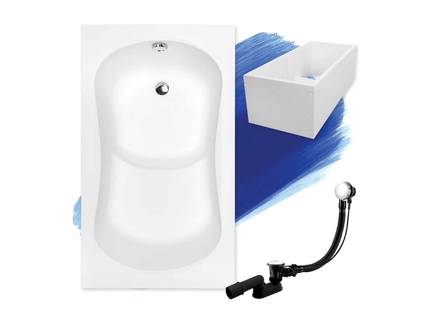 Baignoire rectangulaire 120x70 ARIA REHAB acrylique blanc + Support stabilisateur en polystyrène + Pieds + Vidage à chromé