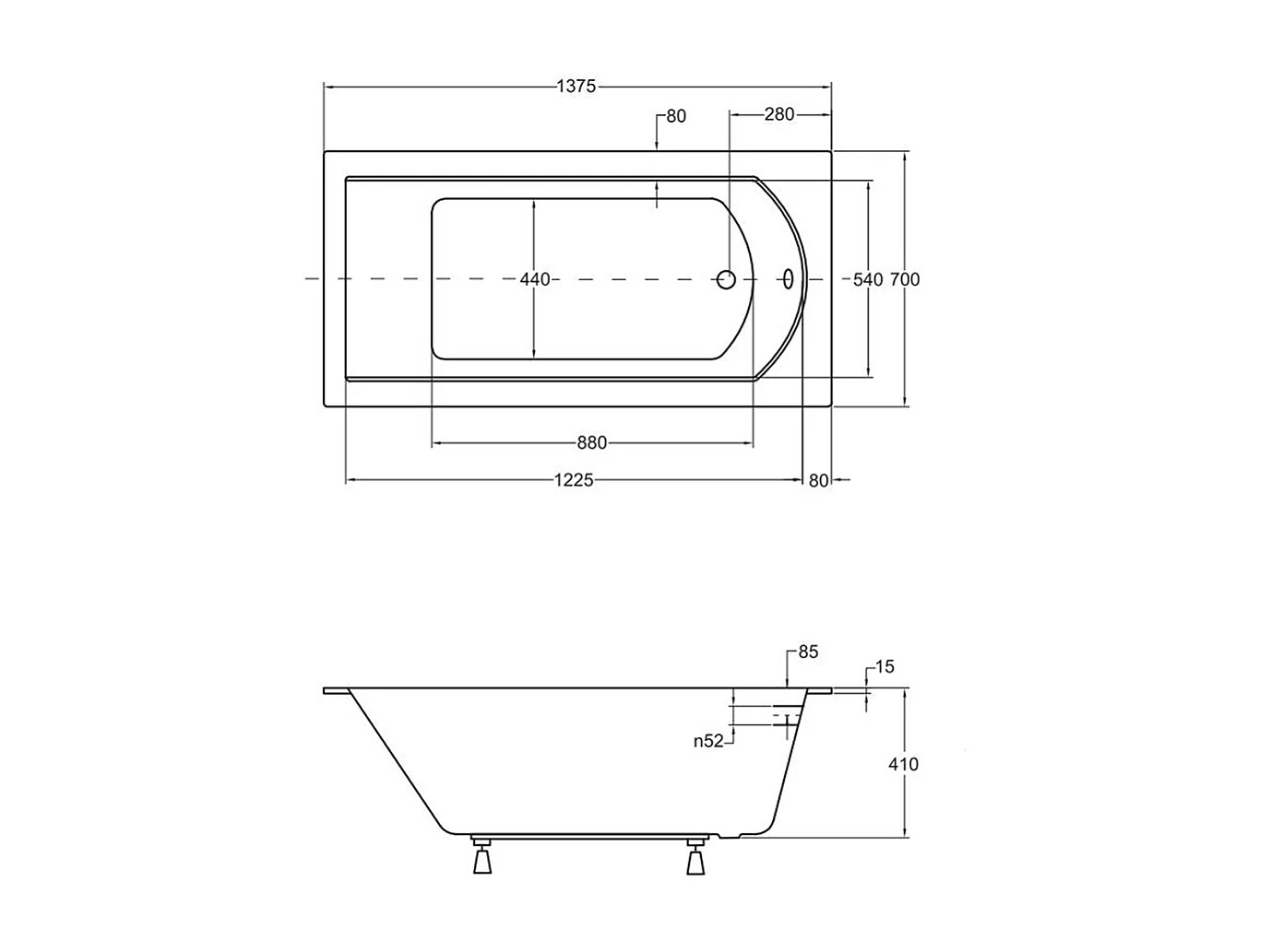 Baignoire rectangulaire 140x70 SHEA SLIM acrylique blanc, sans Habillage + Pieds + Vidage à chromé