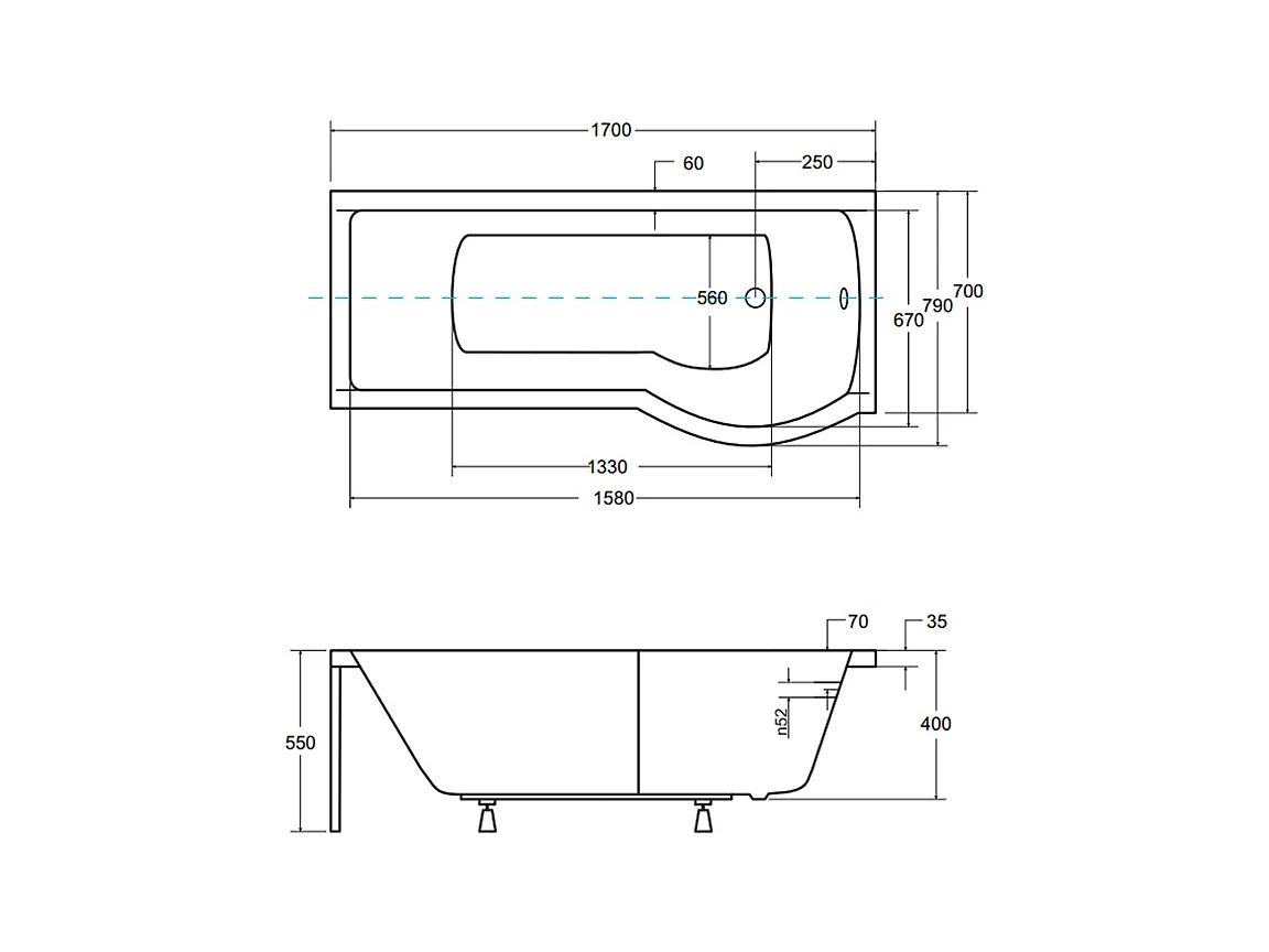 Baignoire rectangulaire 170x70 Droite INSPIRO acrylique blanc + avec Tablier + Pieds + Vidage à chromé
