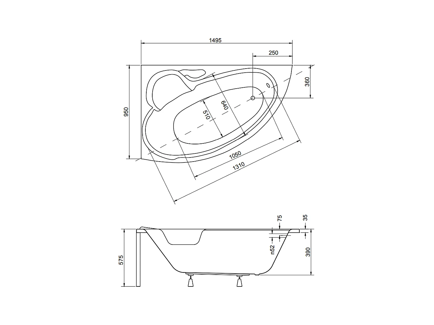 Hoekbadkuip BIANKA 150x95 links met piepschuim bekleding | Afvoer &amp; poten GRATIS!