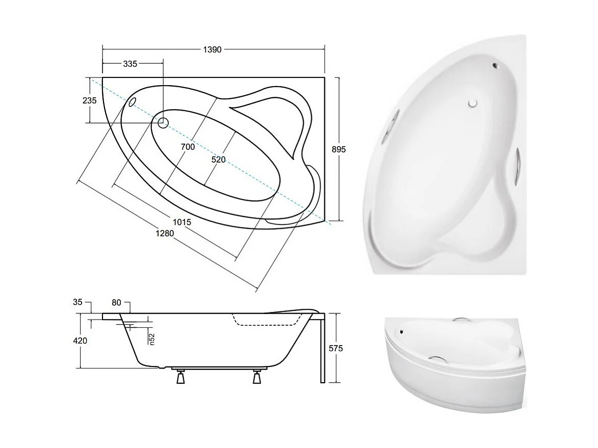 Badewanne Eckwanne ADA 140x90 Rechts mit Handgriffen | Ablauf & Füße GRATIS !
