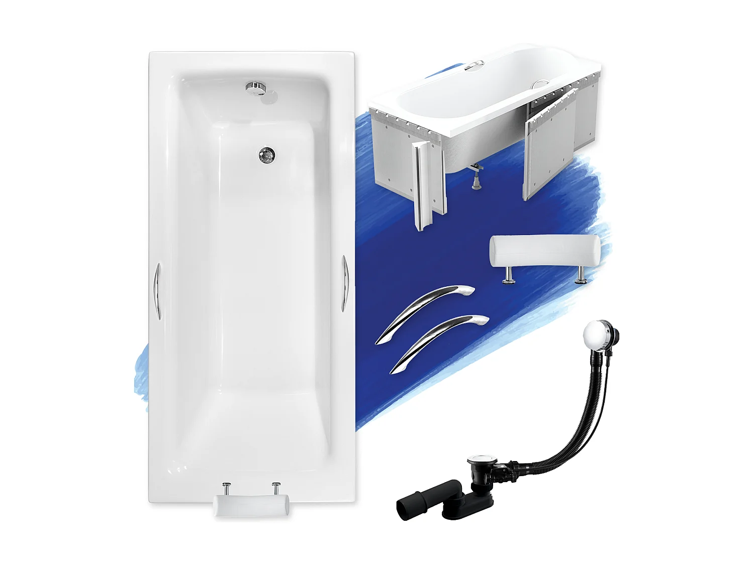 Baignoire rectangulaire 170x75 TALIA PREMIUM acrylique blanc + Habillage en polystyrène + Poignées + Repose Tête + Pieds + Vidage à chromé