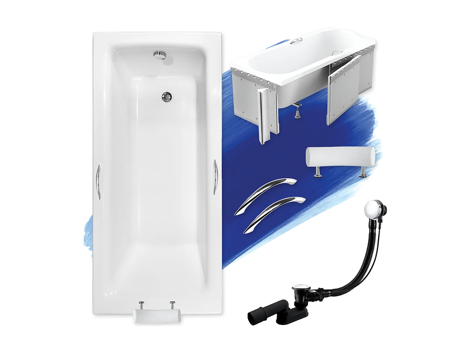 Baignoire rectangulaire 170x75 TALIA PREMIUM acrylique blanc + Habillage en polystyrène + Poignées + Repose Tête + Pieds + Vidage à chromé