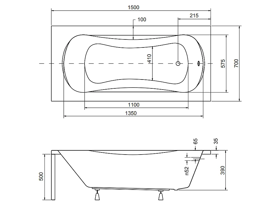Rechthoekige badkuip ARIA 150x70 | Afvoer &amp; poten GRATIS!