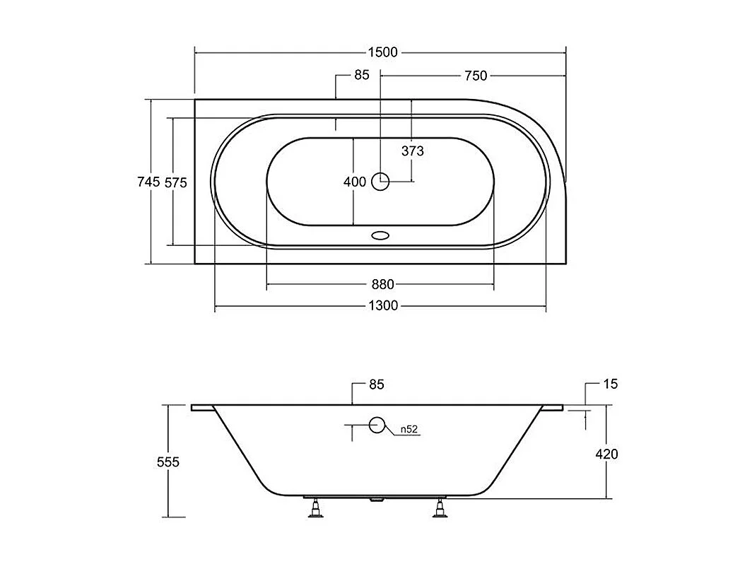 Baignoire asymétrique 150x75 Droite AVITA SLIM acrylique blanc + Habillage en polystyrène + Pieds + Vidage à chromé