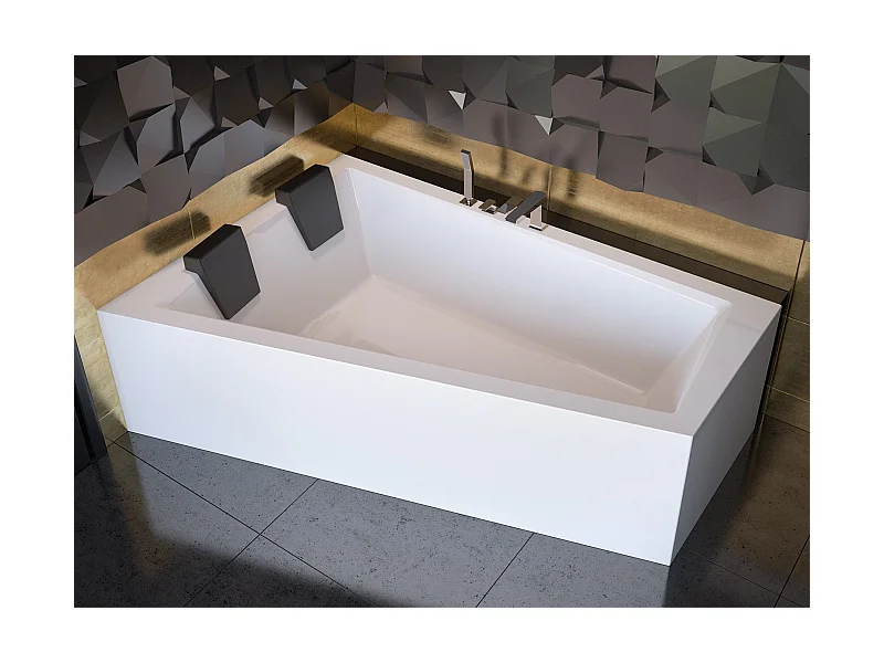 Baignoire asymétrique 170x125 Gauche INTIMA acrylique blanc + avec Tablier + Repose Tête + Pieds + Vidage à chromé