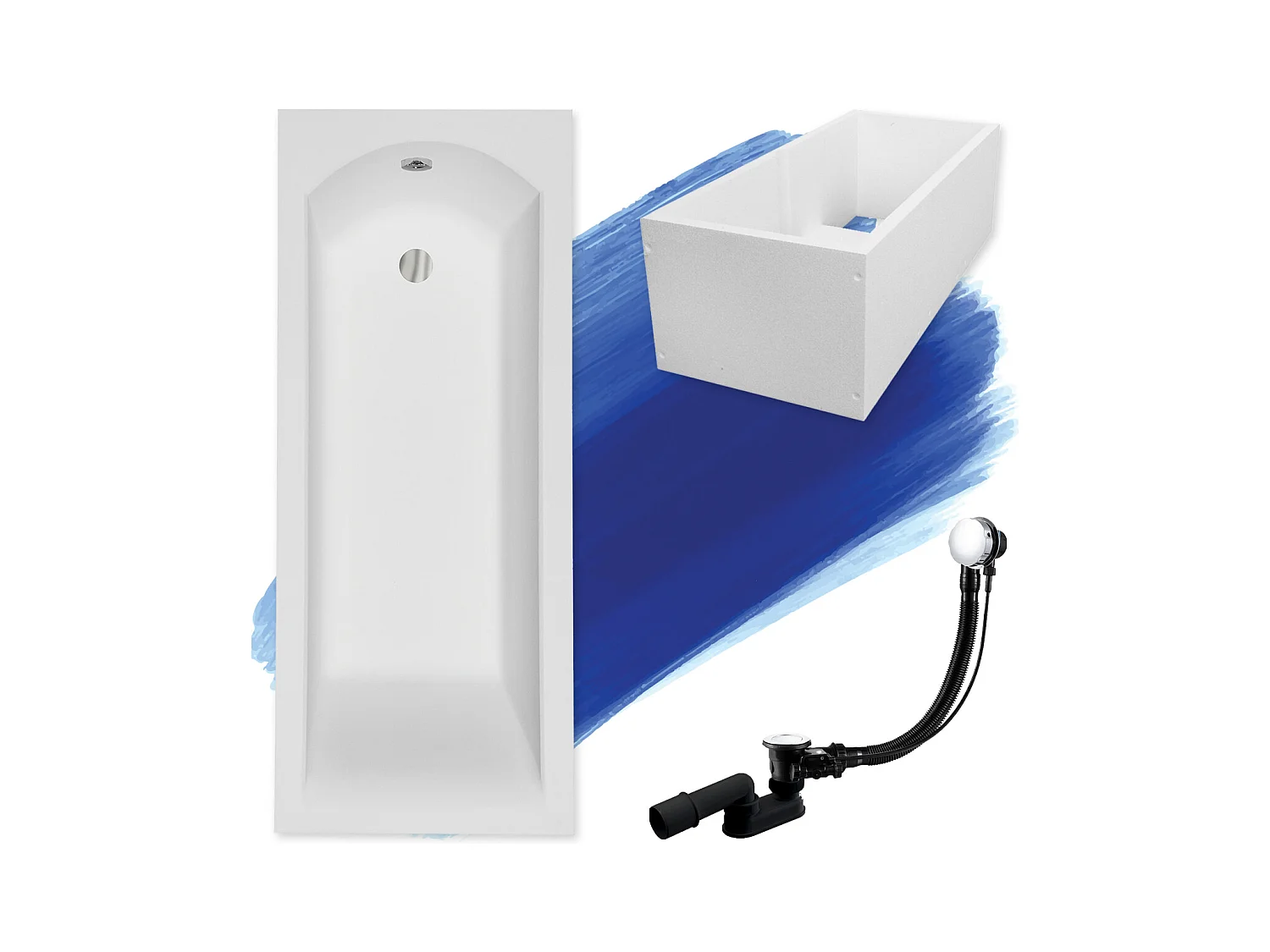 Baignoire rectangulaire 160x70 SHEA acrylique blanc + Support stabilisateur en polystyrène + Pieds + Vidage à chromé