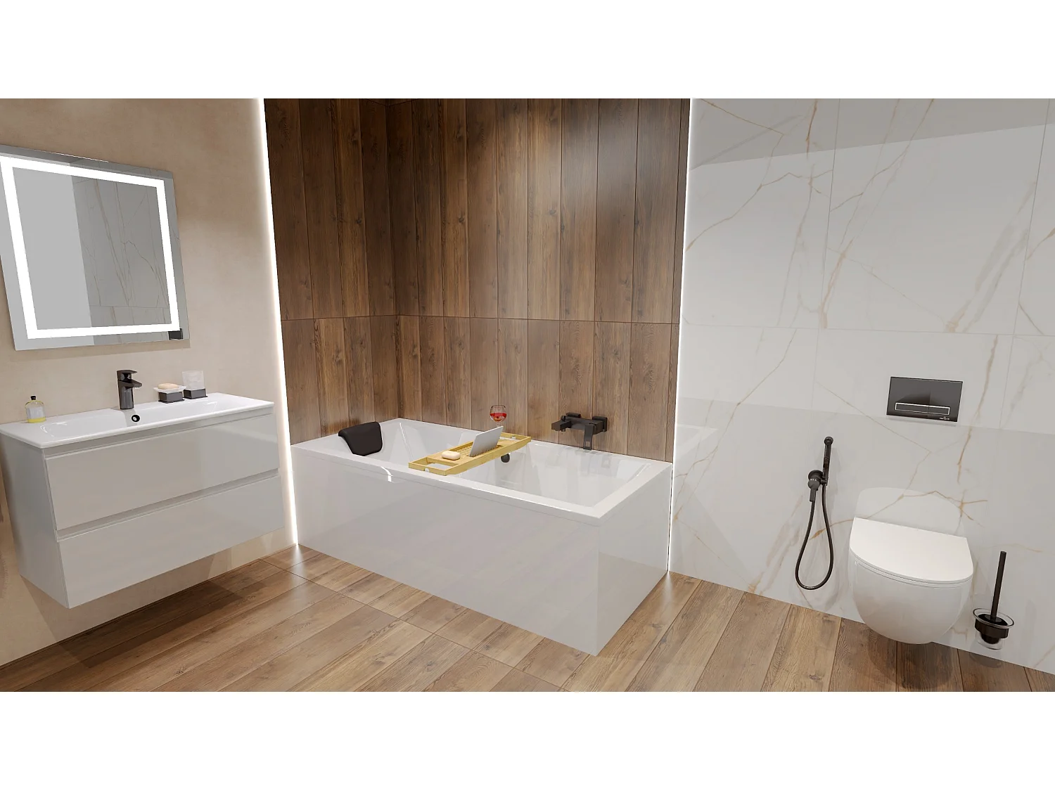 Baignoire rectangulaire 180x80 QUADRO acrylique blanc, sans Habillage + Étagère bambou + Pieds + Vidage à chromé