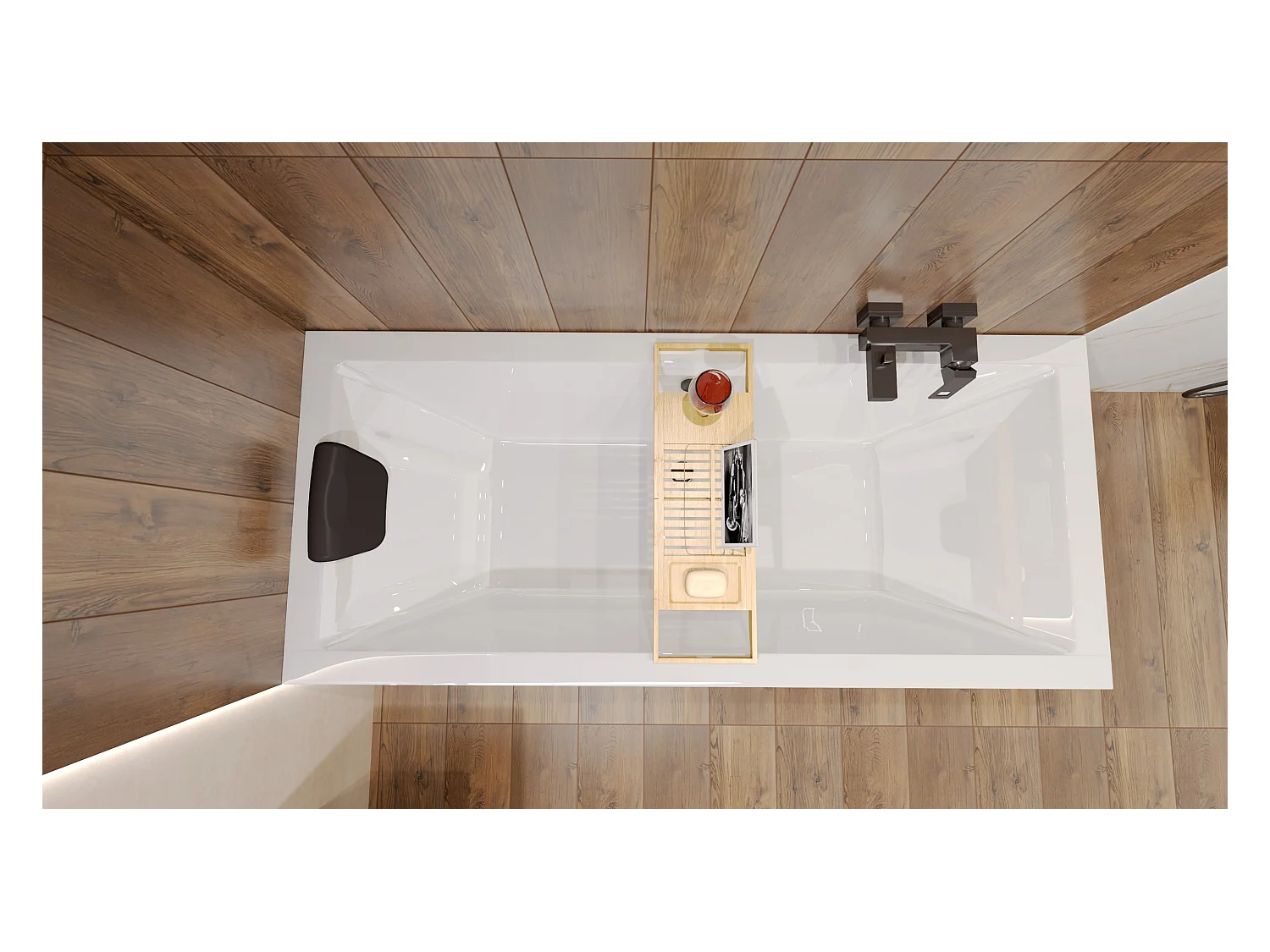 Baignoire rectangulaire 170x75 QUADRO acrylique blanc, sans Habillage + Repose Tête + Étagère bambou + Pieds + Vidage à chromé