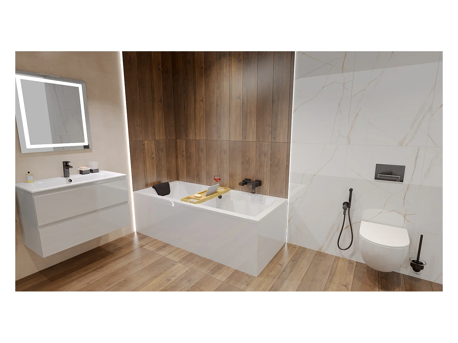 Baignoire rectangulaire 170x75 QUADRO acrylique blanc, sans Habillage + Repose Tête + Étagère bambou + Pieds + Vidage à chromé