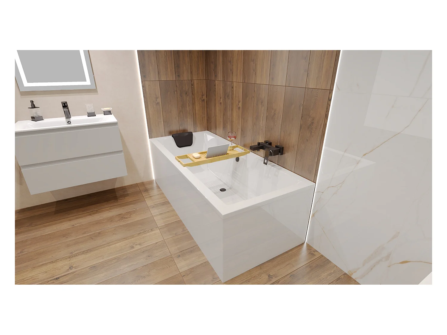 Baignoire rectangulaire 170x75 QUADRO acrylique blanc, sans Habillage + Repose Tête + Étagère bambou + Pieds + Vidage à chromé